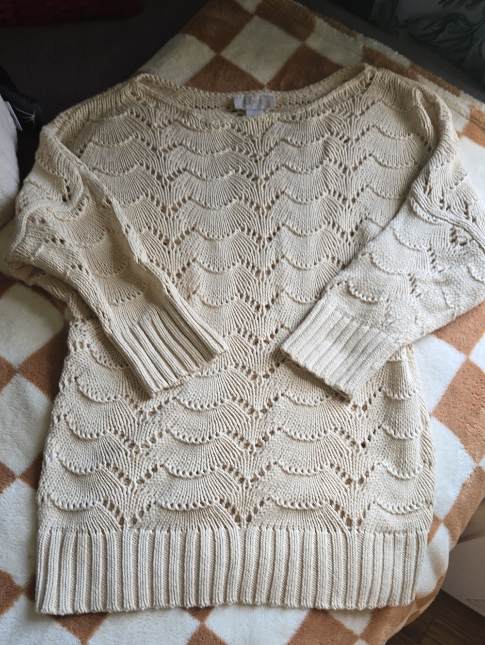 LOFT Cream Openwork Scoop-Neck Pullover Sweater